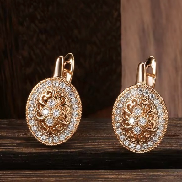 Vintage Zircon Oval Earrings 585 Rose Gold Women Luxury Earrings - Picture 6 of 6